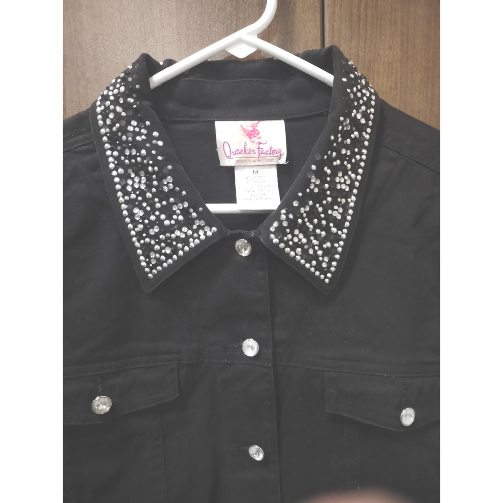 Quacker Factory Denim Jacket Women's Rhinestone Embellished Black Medium - Picture 3 of 9